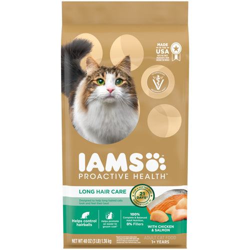 IAMS ProActive Health Adult Long Hair Dry Cat Food Chicken Salmon 3 lb