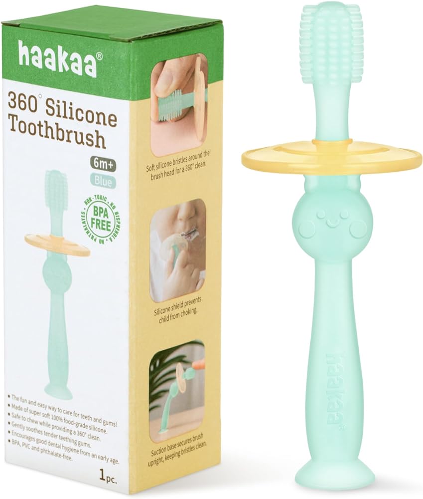 haakaa 360¡ Silicone Baby Toothbrush with Suction Base Infant to Toddler Toothbrush, Food Grade Silicone, 1pc (Blue)
