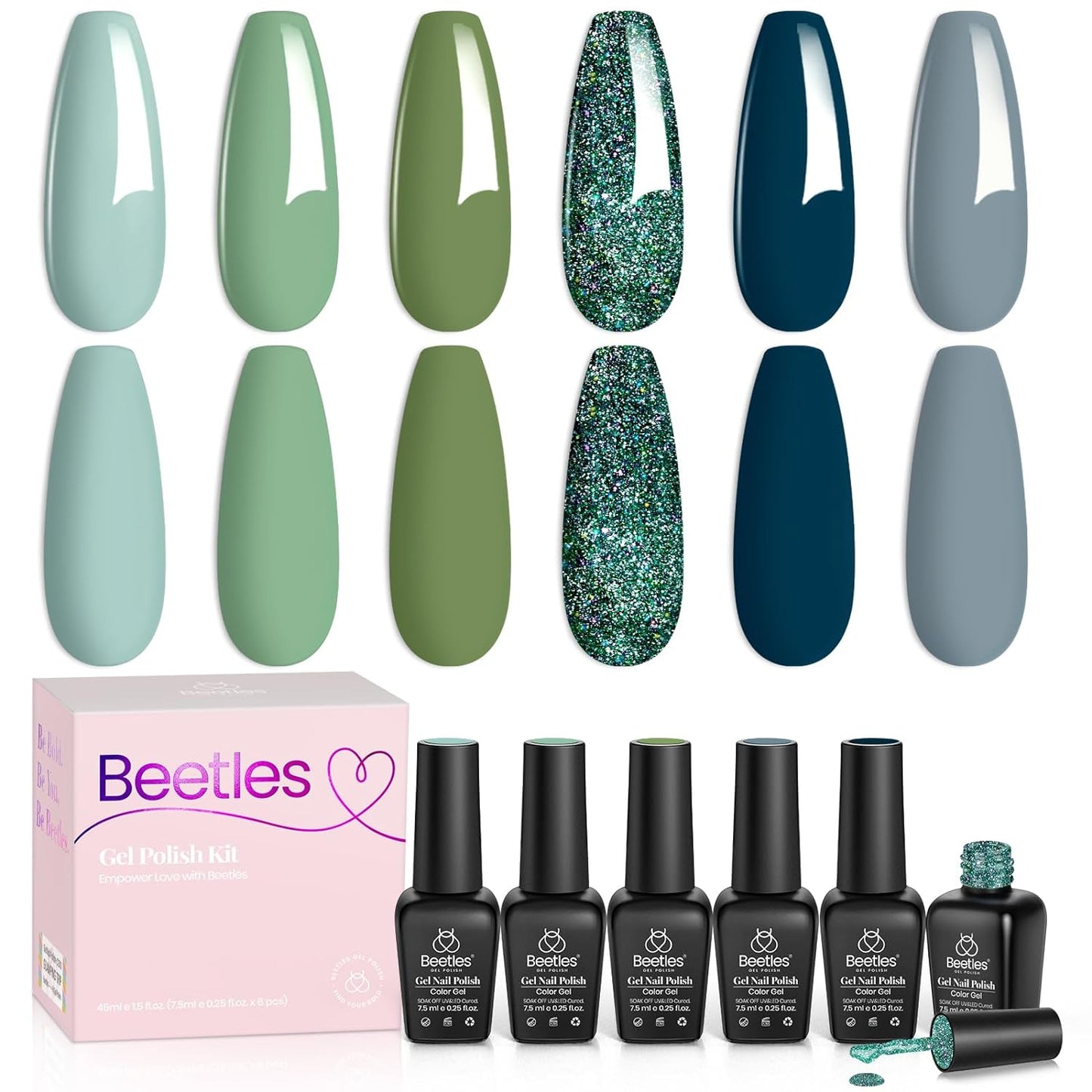 beetles Gel Polish 6 Colors Gray Green Glitter Spring Gel Nail Polish Nails Art Soak off Uv LED Manicure Gift Set Ocean Mist Collection Valentine's Day Nail Gel Set Gift for Women Girls