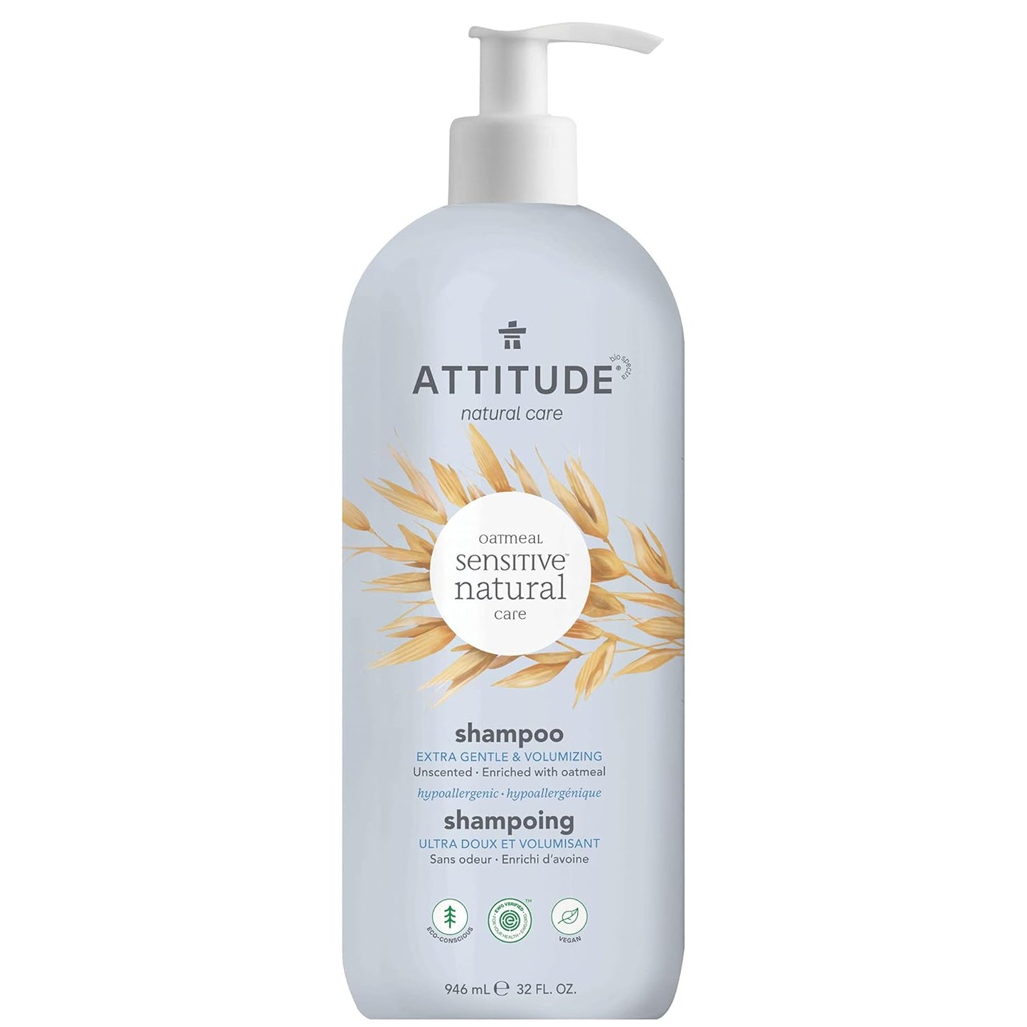 ATTITUDE Volume and Shine Shampoo for Sensitive Skin with Oat and Soy Protein, EWG Verified, Dermatologically Tested, Vegan, Unscented, 32 Fl Oz