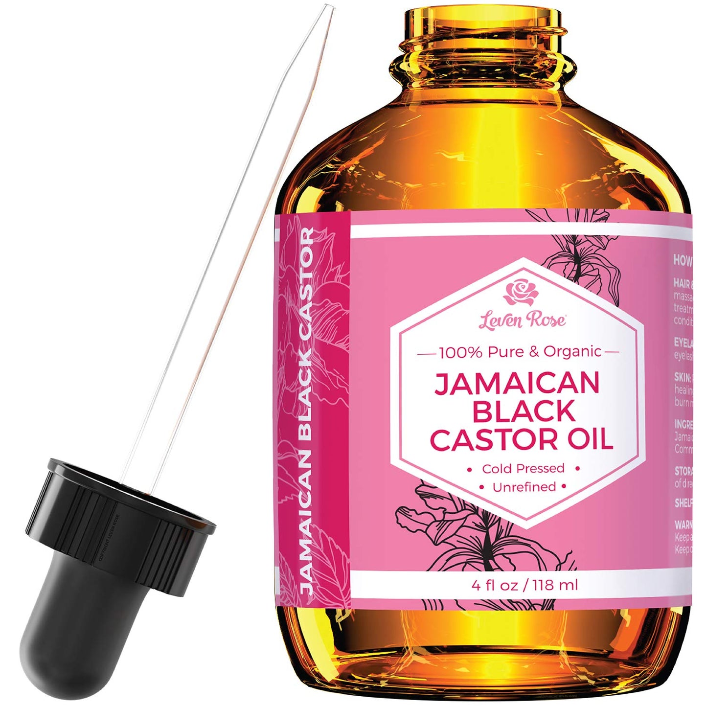 Leven Rose Jamaican Black Castor Seed Oil, Jamaican Black Castor Oil for Hair Growth, 100% Natural, Pure Organic Serum, Scalp Oil Treatment, Skin Soothing 4 oz