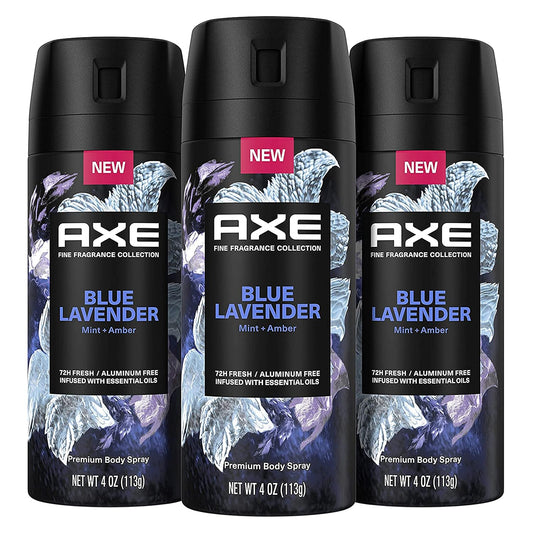 AXE Blue Lavender Premium Deodorant Body Spray - 72H Odor Protection, Infused With Lavender, Mint, and Amber Oils, 3 Count, 4oz Each