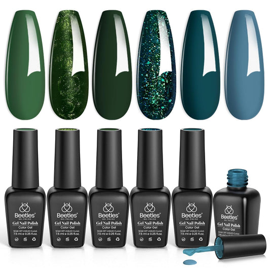Beetles Forest Dark Green Soak Off UV LED Nail Polish Kit - 6 Gel Colors for Home DIY Manicure