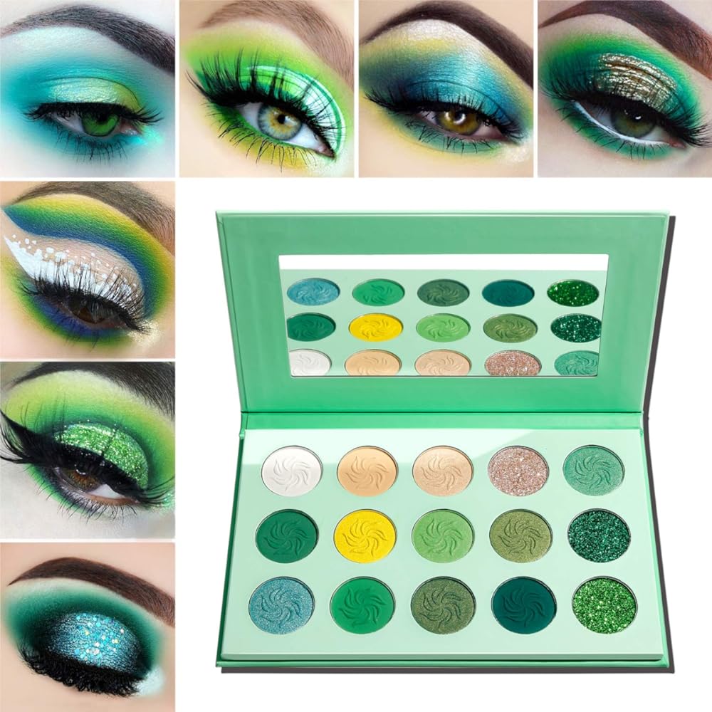 Afflano Green Eyeshadow Palette, Green Glitter Eyeshadow Highly Pigmented, Forest Emerald Green Christmas Makeup Palettes, Yellow Lime Grass Grinch Green Makeup Eye Shadow Pallet 15 Color