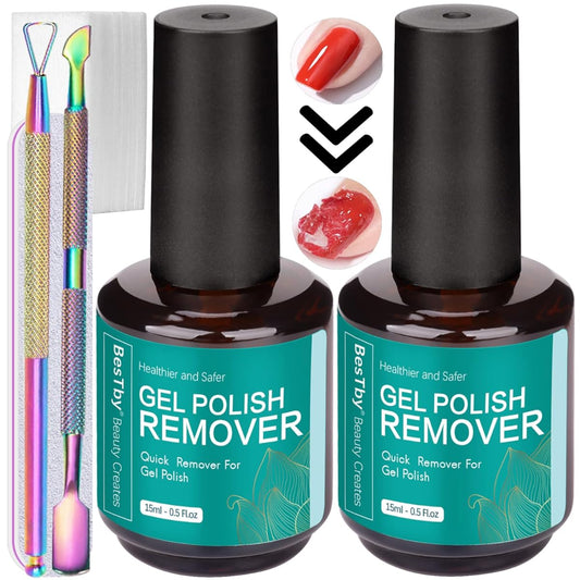 BesTby Gel Remover for Nails - Gel Polish Remover (0.5 oz/15 ml 2pack) with Tools, Remover Kit for Soak Off Gel Nail Polish 3-5 Minutes