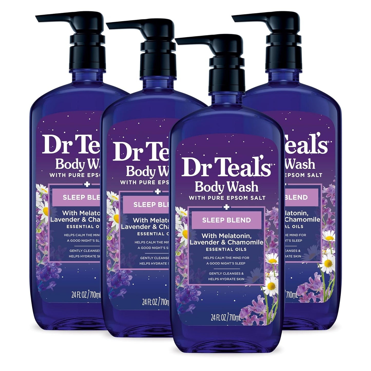 Dr Teal's Body Wash with Pure Epsom Salt, Sleep Blend with Melatonin, Lavender & Chamomile Essential Oils, 24 fl oz (Pack of 4) (Packaging May Vary)