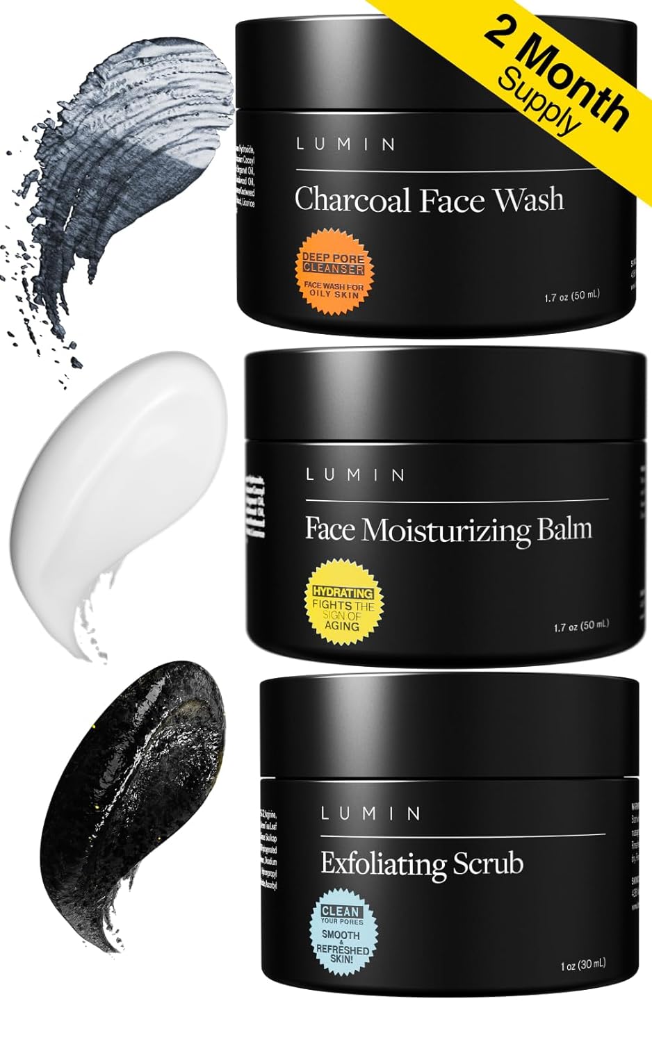 Lumin - Smooth Operator Detox Trio - Men's skincare kit, Includes: Charcoal Face Wash Daily Detox, Charcoal Scrub Deep Detox & Daily Face Moisturizer, Suitable for all skin types, Two Month Supply