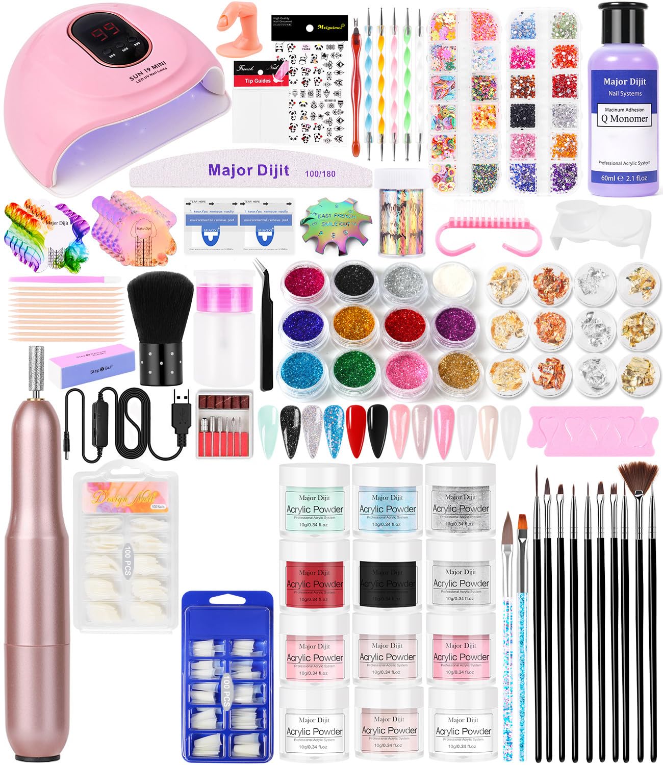 Major Dijit Acrylic Nail Kit with Nail Lamp, 0.35 oz White Clear Pink Black and More 12 Colors Acrylic Powder and Liquid Kit, Electric Nail Drill, Glitter, Nail Art Brushes,Nail Kit for Beginners with Everything