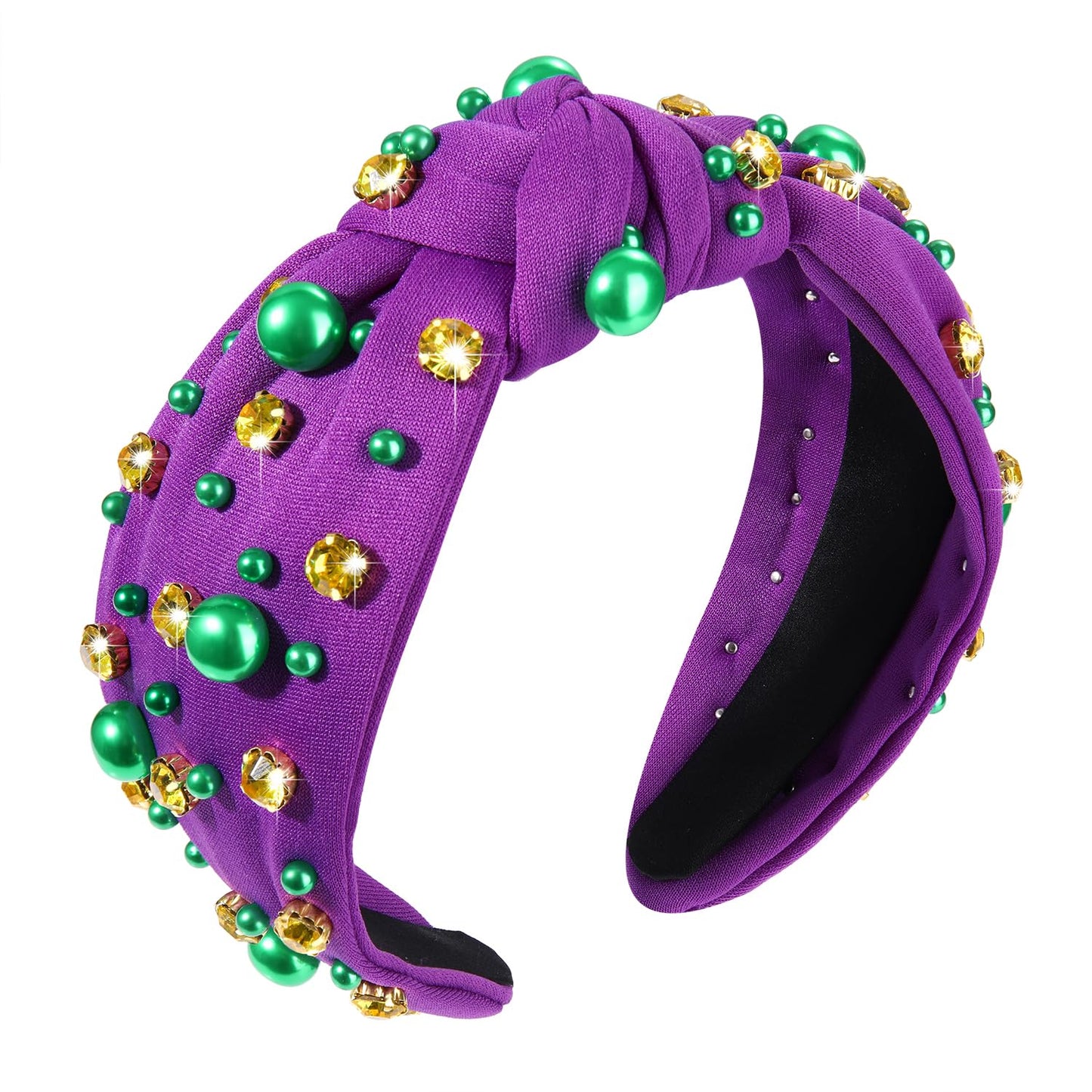 Mardi Gras Headband for Women Purple Green Gold Pearl Rhinestone Jeweled Knotted Hairband Carnival Parade Wide Knot Head Band Mardi Gras PartyÊHair Accessories (Purple knot hairband B)