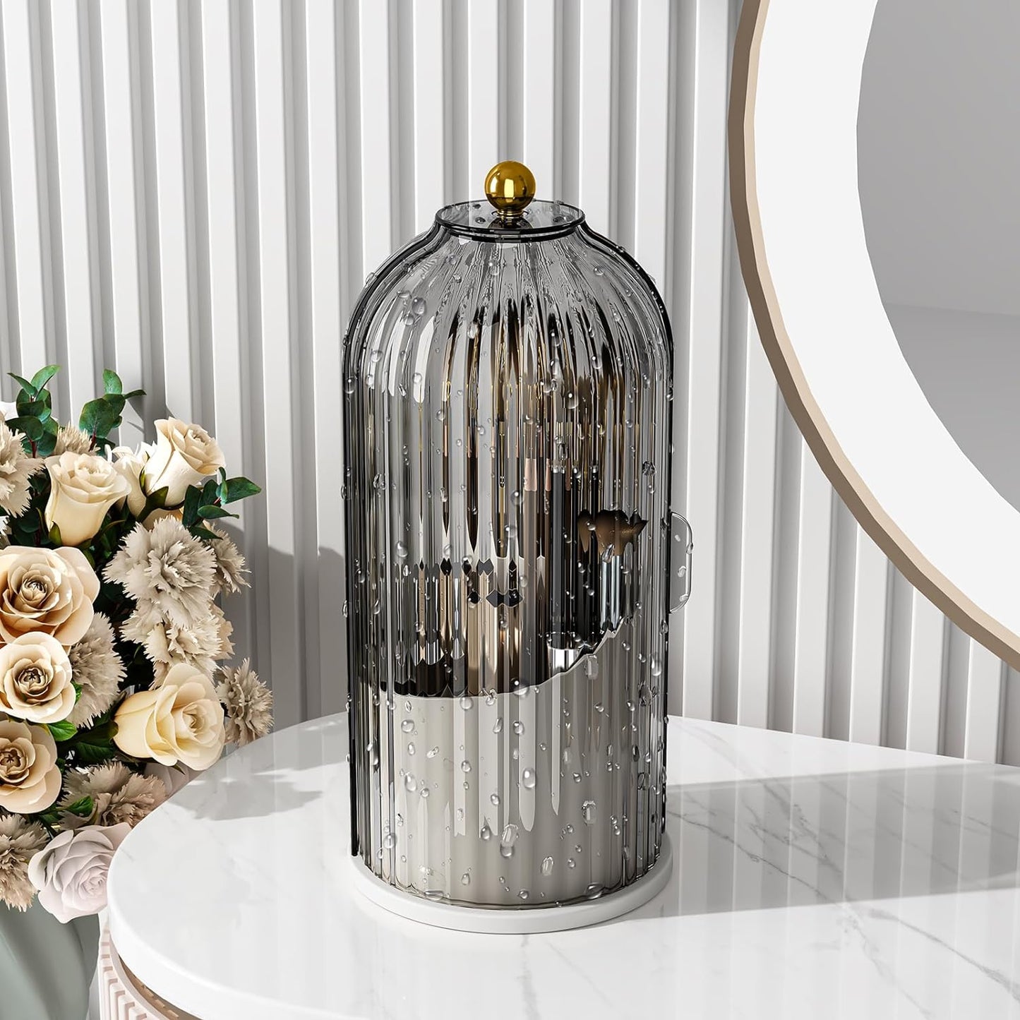 GAXmi Makeup Brush Holder with Lid Cosmetic Tools Organizer 360 Rotating Waterproof Dustproof Makeup Brushes Storage for Vanity, Grey