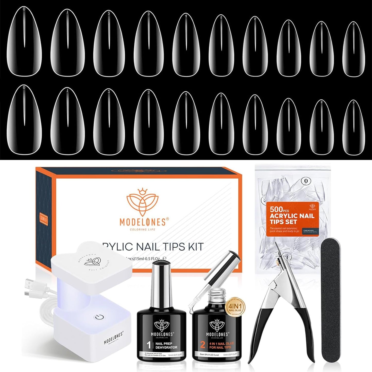 Modelones Gel Nail Kit, 500Pcs Soft Gel Nail Tips Almond Shape, 4 In 1 Nail Glue Nail Prep Dehydrate & Portable Led Lamp Nail Clipper, Easy Nail Extension Set for Easter Nail Art, Gift for Women