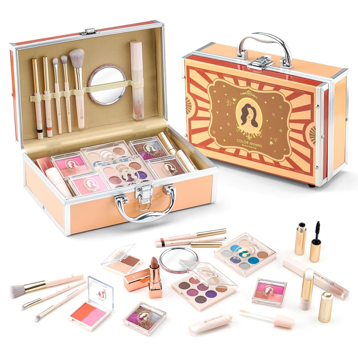 Color Nymph Girls Makeup Kits For Teens With Red Retro Train Case Included Portable Matte Shimmer Glitter Eyeshadow Palettes,Lipstick,Lip Oils,Blushes,Highlighter,Brushes,Mirror