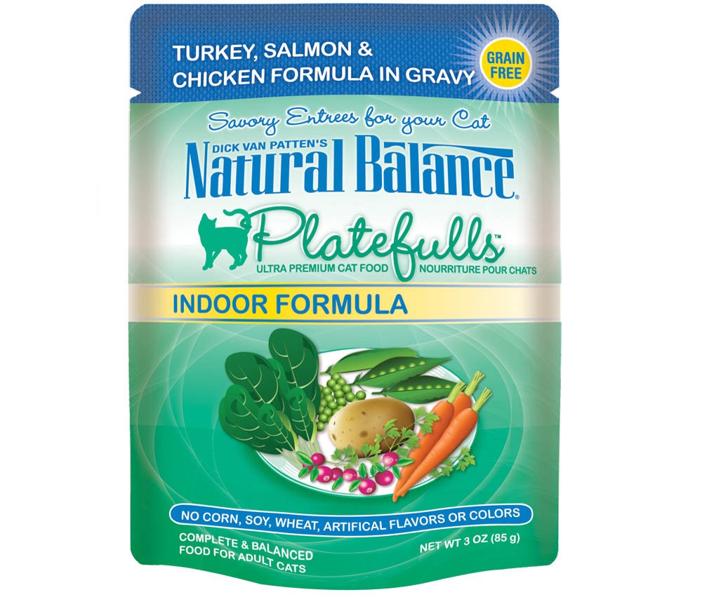 Natural Balance Pet Foods Platefulls Indoor Turkey Salmon and Chicken in Gravy Cat Wet Food 3 oz 24 Pack