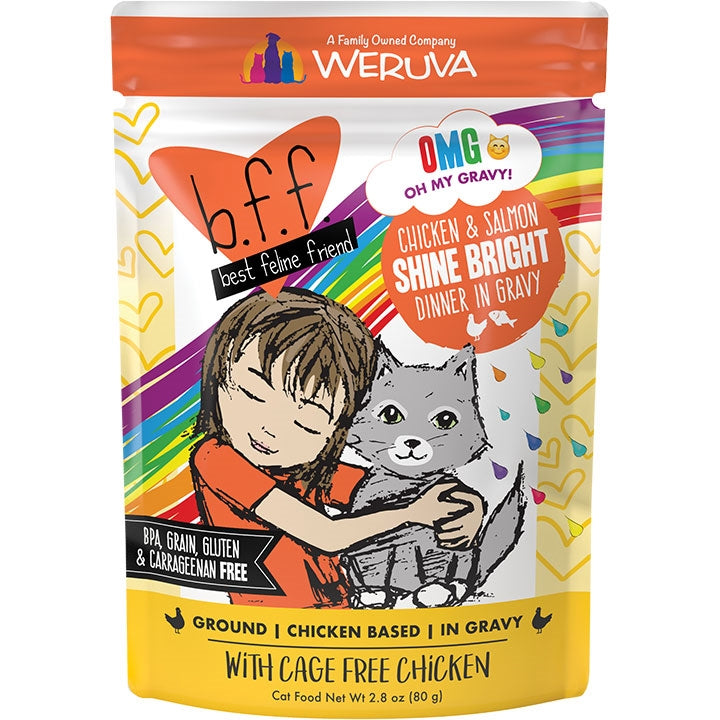 BFF Cat OMG Chicken and Salmon Shine Bright Chicken and Salmon Dinner in Gravy 2.8oz. Pouch (Case Of 12)