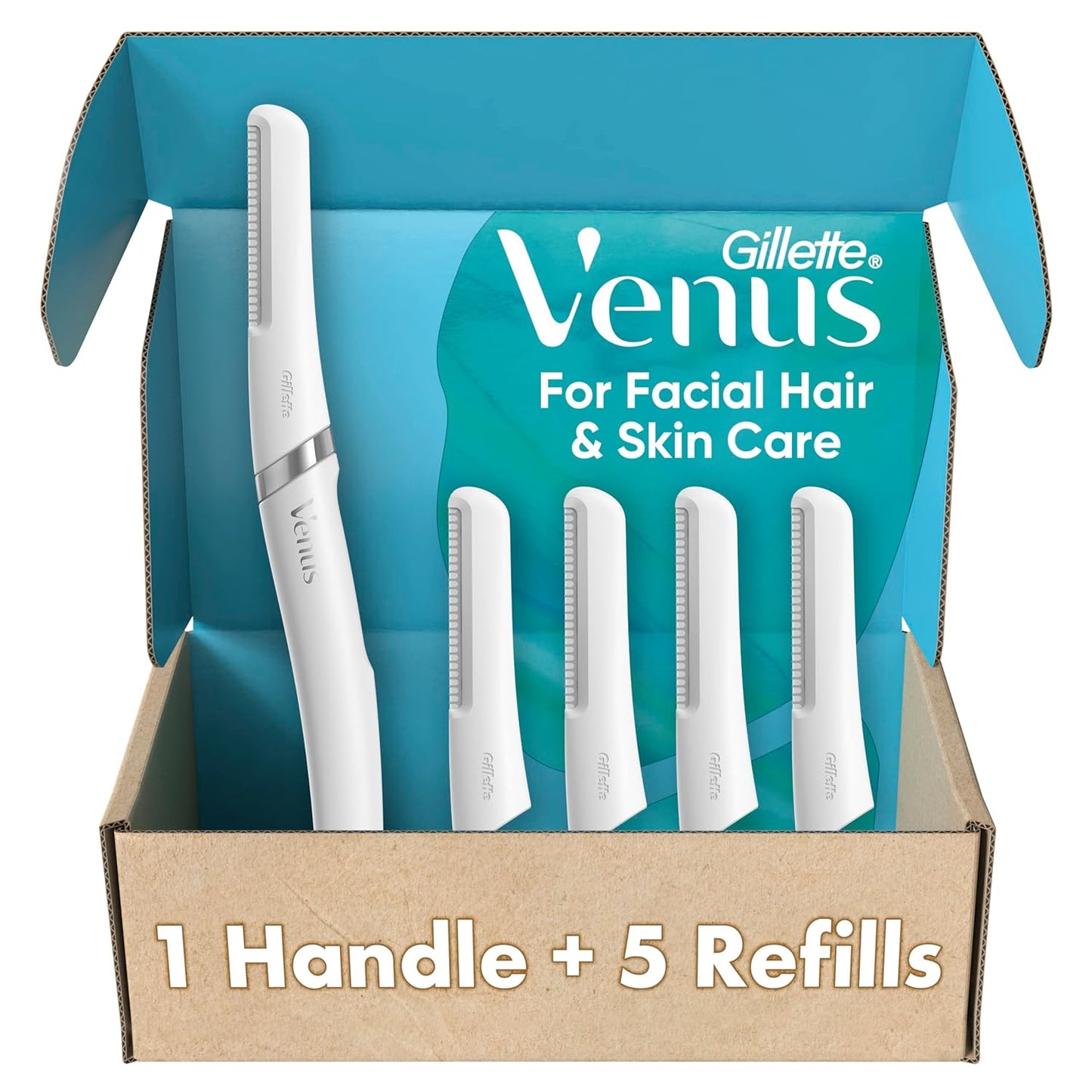 Gillette Venus Dermaplaning Tool Kit, 5 Blade Refills, Exfoliating Facial Razors, Eyebrow Razor, Dermaplane Razor for Face, Peach Fuzz Remover