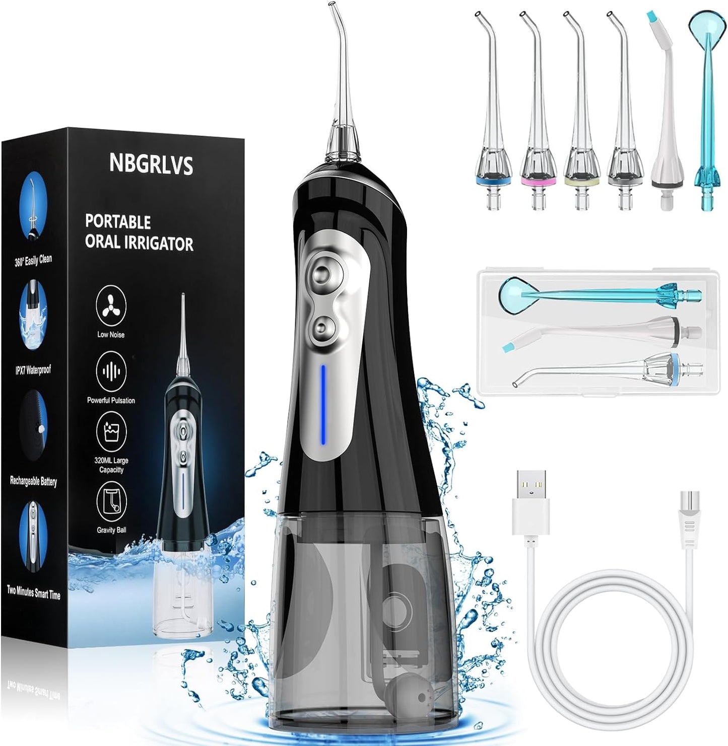 NBGRLVS Water Picks for Teeth Cleaning,6 Modes 6 Tips and Storage Case Water Dental Flossers Cordless 320ML IPX 7 Waterproof Rechargeable Portable Electric Waterflosser Cleaner for Trave Home(Black)