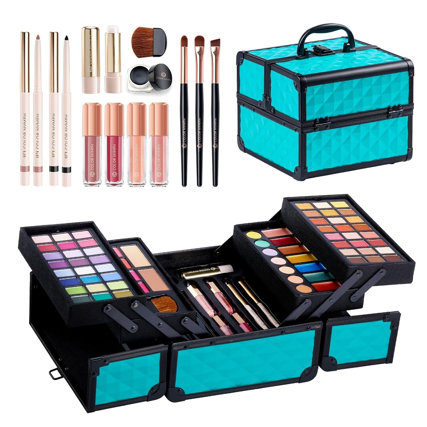 Color Nymph All in one Makeup Kit For Girls Teens, Makeup Set 4 Trays Spacious Space Train Case for Beginner Included Eyeshadow Highlighter Lipgloss Blush Concealer Brush Eyeliner Lipbalm
