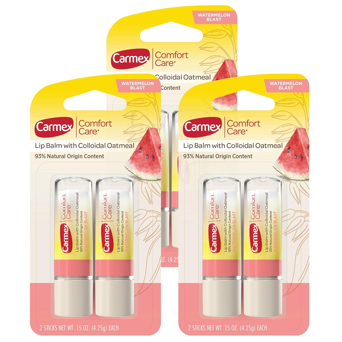 Carmex Comfort Care Lip Balm Sticks with Colloidal Oatmeal, Watermelon Blast Flavor, 6 Count (3 Packs of 2)