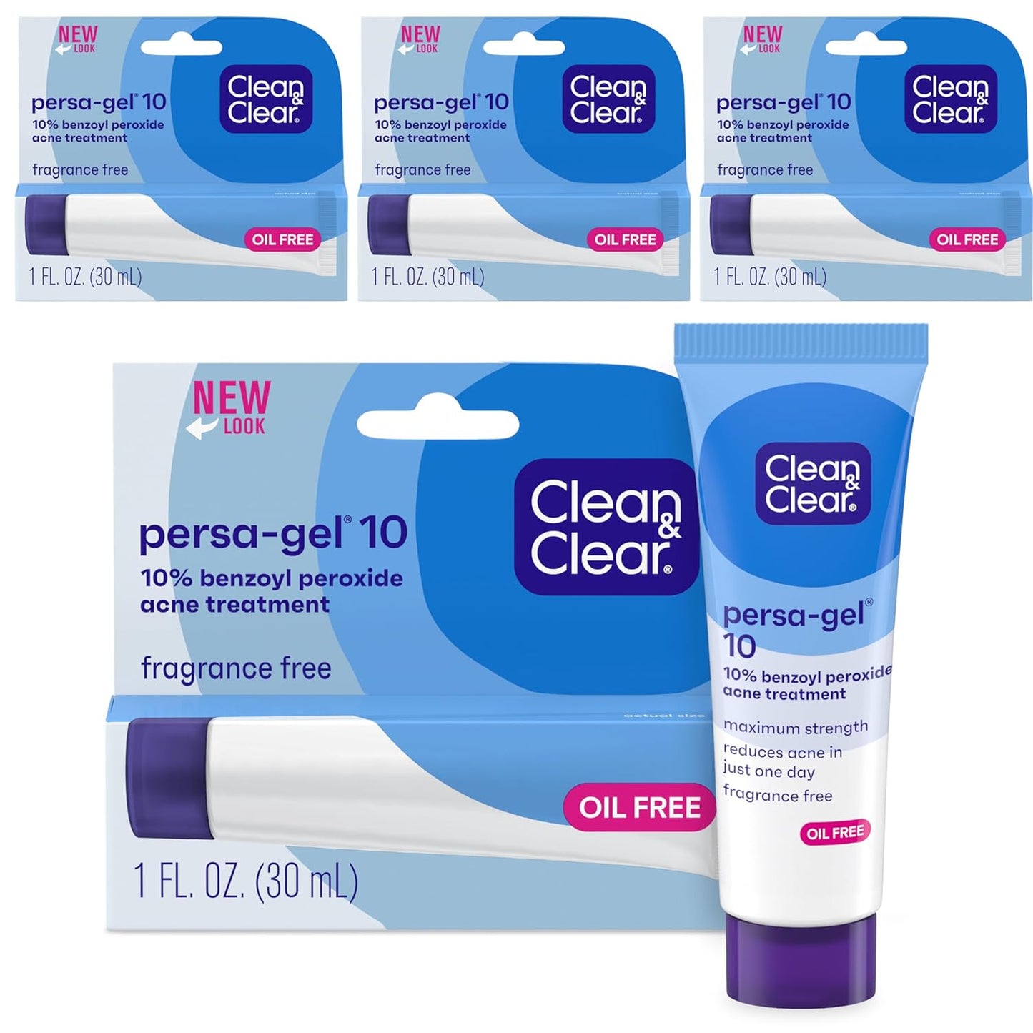 Clean & Clear Persa-Gel 10 Oil-Free Acne Spot Treatment with Maximum Strength 10% Benzoyl Peroxide, Topical Pimple Cream & Acne Gel Medication for Face Acne, Fragrance-Free, 4 x 1 fl. oz