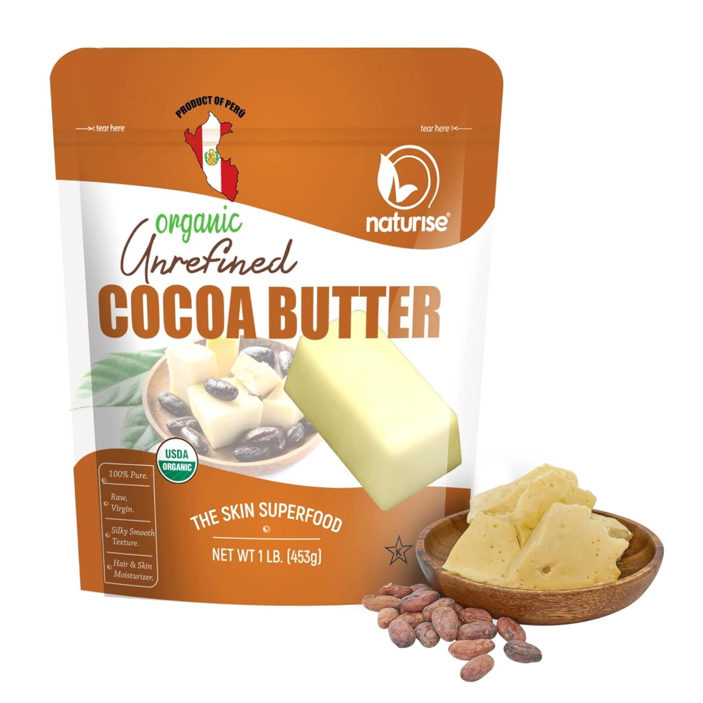 Naturise Raw Organic Unrefined Cocoa Butter from Peru - Moisturizer for Hair, Skin & DIY Lip Balm - 1lb