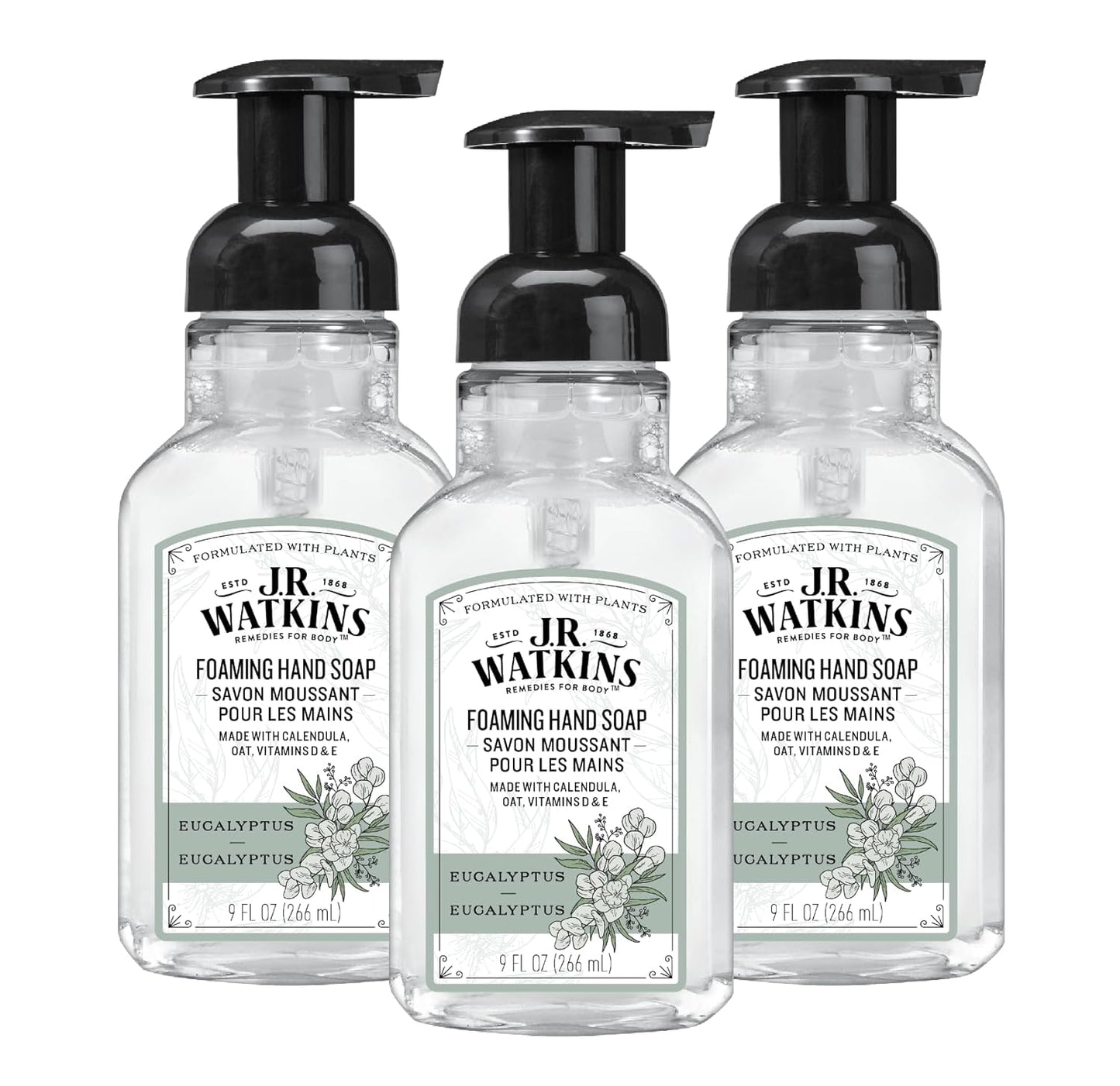J.R. Watkins Foaming Hand Soap Pump with Dispenser, Moisturizing All Natural Hand Soap Foam, Alcohol-Free, Cruelty-Free, USA Made, Use as Kitchen or Bathroom Soap, Eucalyptus, 9 fl oz, 3 Pack