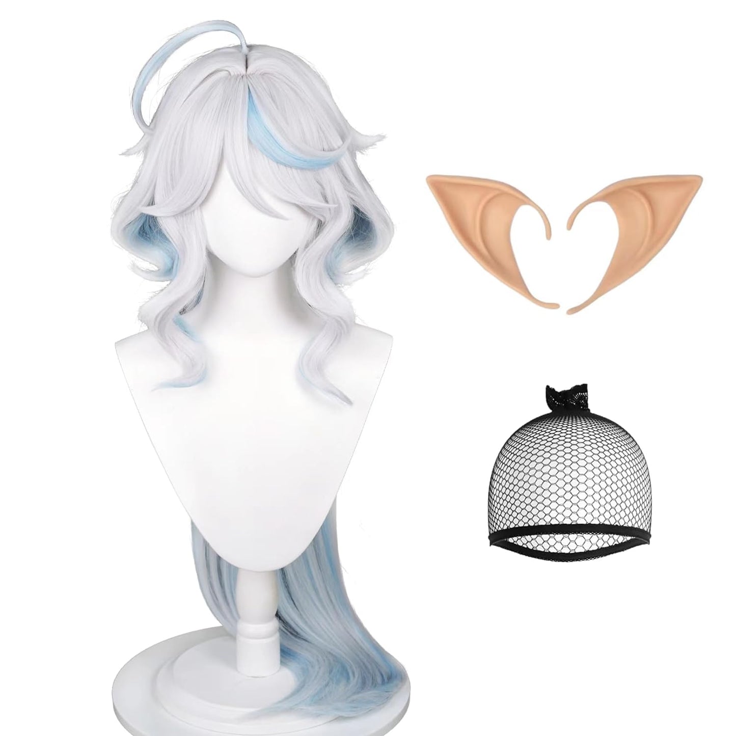 Half and Half Furina Wig Furina Fontain Focalors Cosplay Wigs + Elf Ears + Hairnet, Long Curly Light-grey Mix Blue Wigs Women's Game Anime Wave Synthetic Wig with Bangs for Halloween Costumes Party