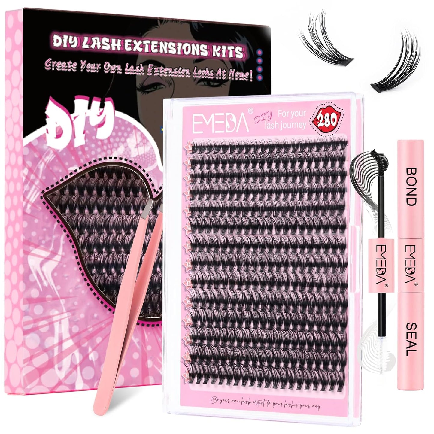 DIY Lash Extension Kit 40D 280pcs Cluster DIY Eyelash Extensions Kit D Curl Individual Lash Clusters with Lash Bond and Seal at Home by EMEDA (40D D 9-16mm MIX Length)