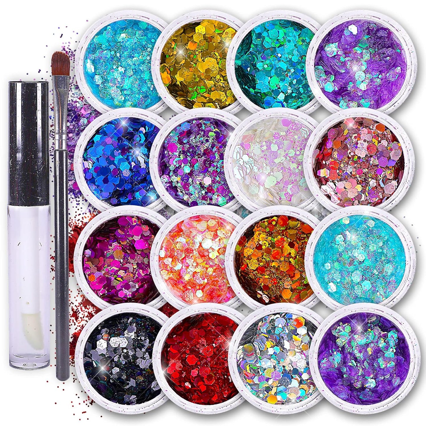 Chunky Holographic Body Glitter I 16 Colors + Glitter Glue for Face Glitter Makeup, Hair, Eye & Fine Glitter Eyeshadow - Perfect for Halloween, Slime, Resin, Tumblers, Craft, Cosmetic & Nail Art