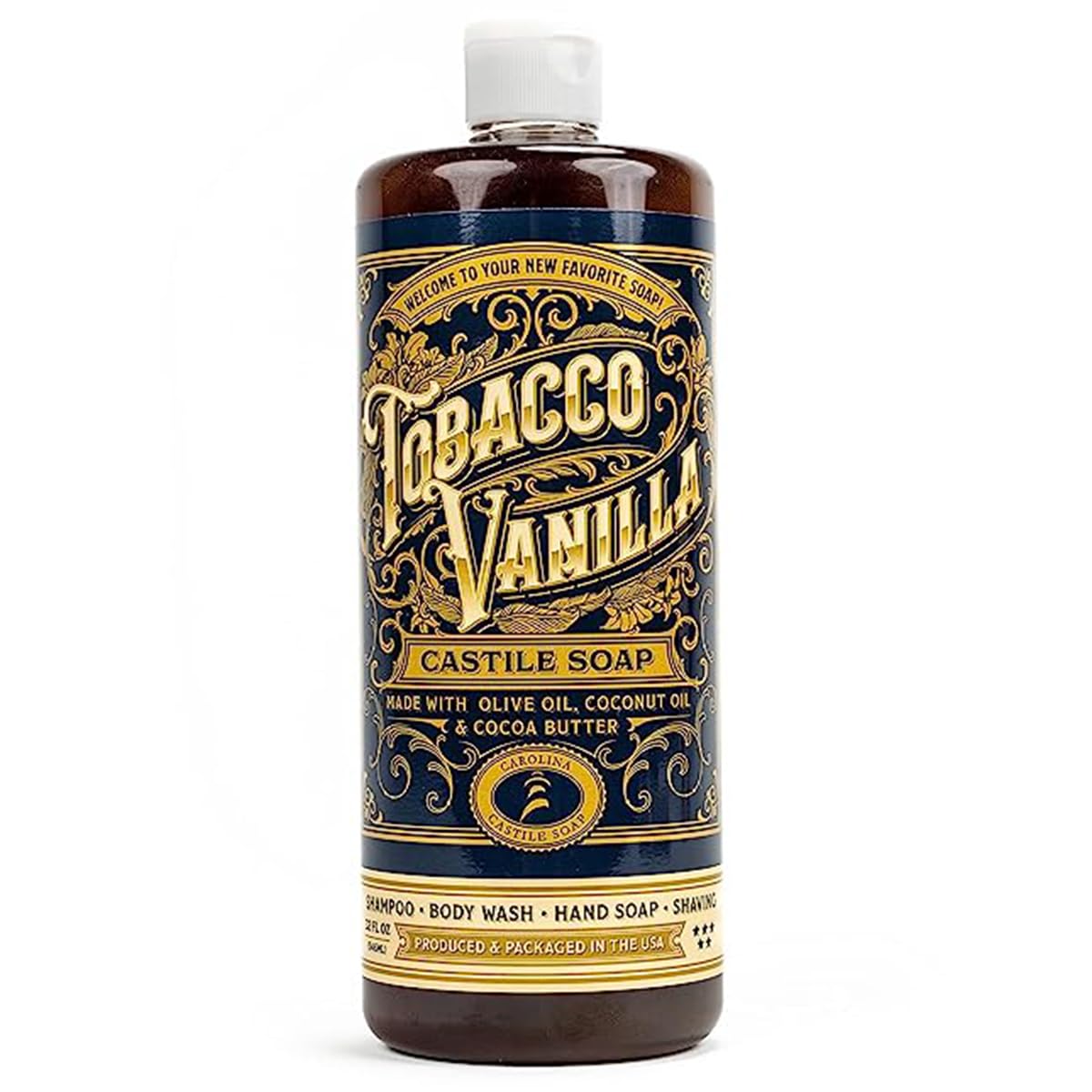 Castile Soap Liquid Body Wash Sensitive Skin Ð Natural Soap for Men with Olive Oil, Cocoa Butter & Coconut Oil Ð Vegan Mens Body Soap & Mens Shampoo Ð Tobacco Vanilla Liquid Soap by Carolina Castile