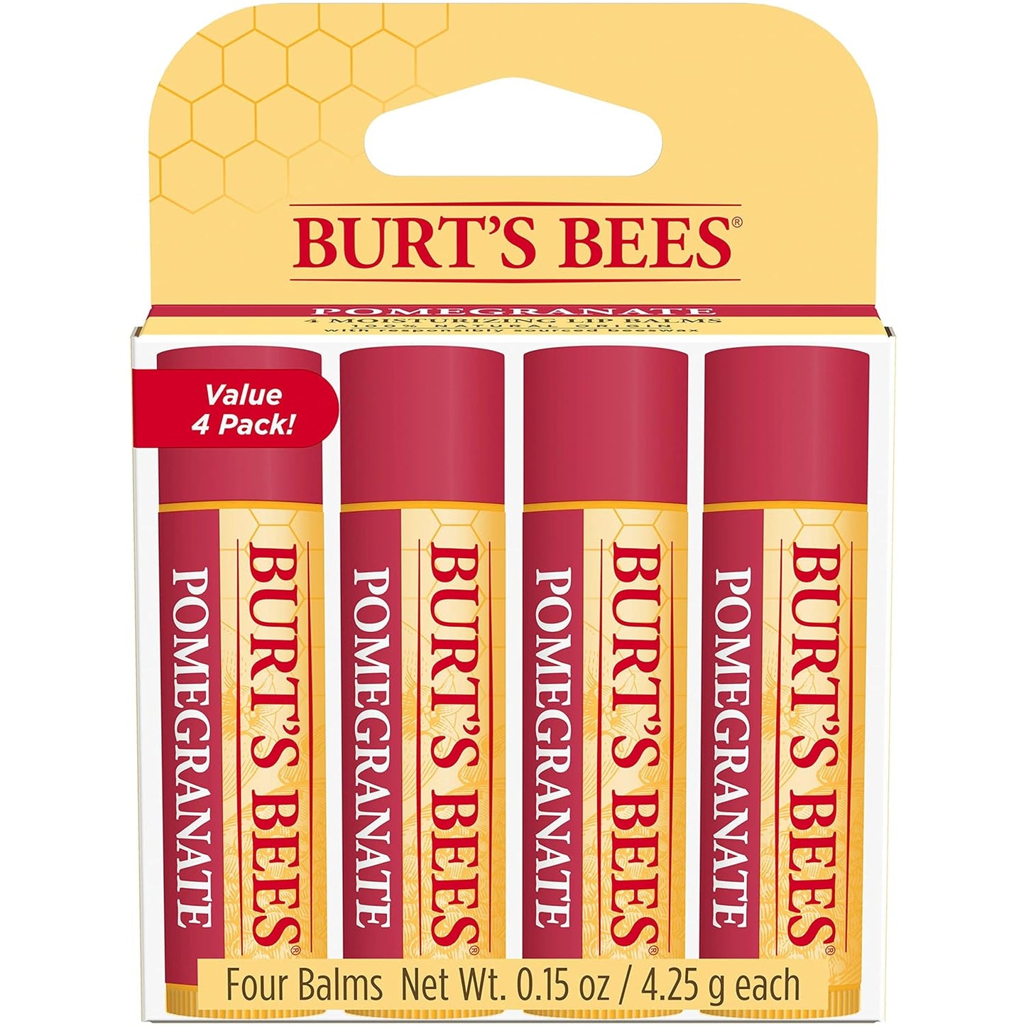 Burt's Bees Pomegranate Lip Balm, Lip Moisturizer With Responsibly Sourced Beeswax, Tint-Free, Natural Conditioning Lip Treatment, 4 Tubes, 0.15 oz.