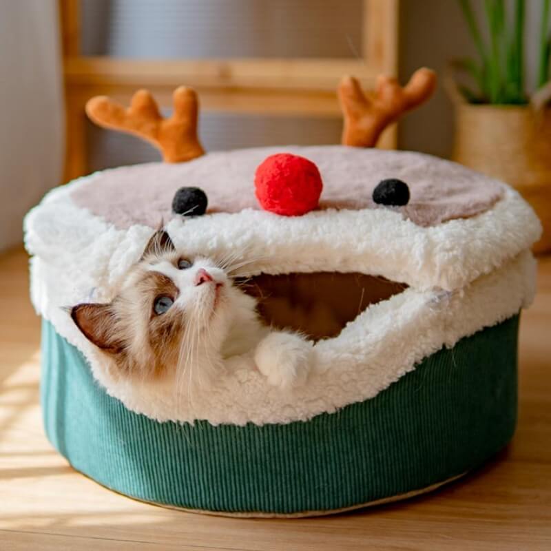 Christmas Elk Enclosed Plush Cat Cave