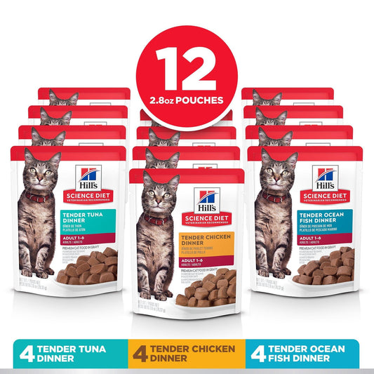 Hill's Science Diet Adult Wet Cat Food Pouch Variety Pack, Chicken, Tuna, and Ocean Fish 79g pouch