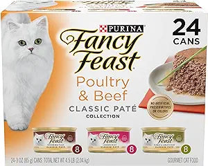 Fancy Feast Poultry and Beef Feast Classic Pate Collection Grain Free Wet Cat Food Variety Pack - (Pack of 24) 3 oz. Cans