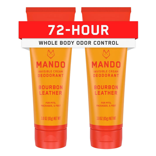 Mando Whole Body Deodorant For Men - Invisible Cream - 72 Hour Odor Control - Aluminum Free, Baking Soda Free, Skin Safe - 3 Ounce Tube (Pack of 2) - Bourbon Leather