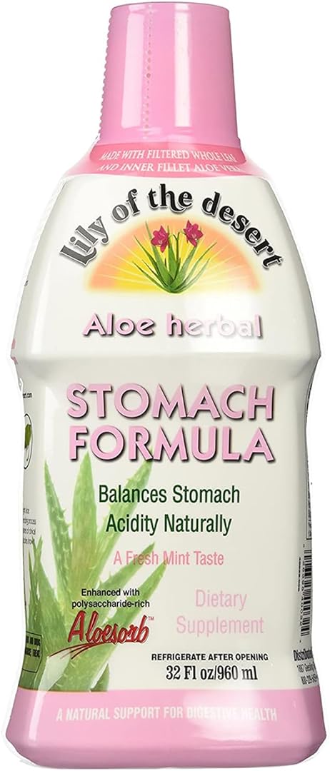 Lily Of The Desert Stomach Formula, Organic Aloe Vera Juice with Slippery Elm, Chamomile, Peppermint, and Ginger for Gut Health, Acid Reflux, Heartburn Relief, 32 Oz