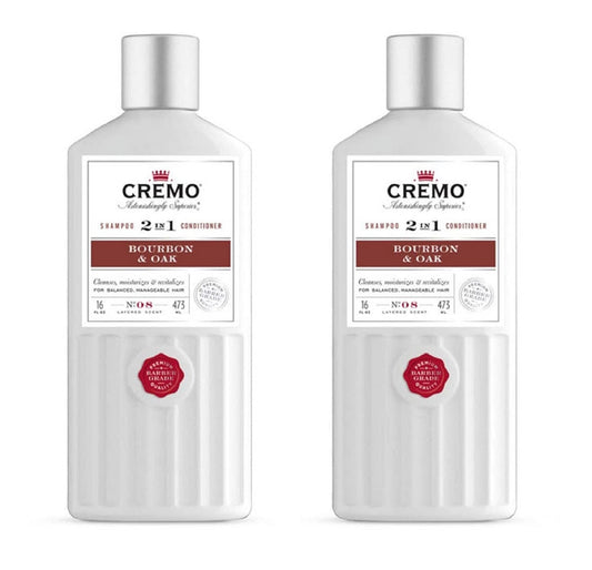 Cremo Bourbon & Oak Barber Grade 2-in-1 Shampoo & Conditioner, 16 Fl Oz (2-Pack) - A Sophisticated Blend of DistillerÕs Spice, Fine Bourbon and White Oak