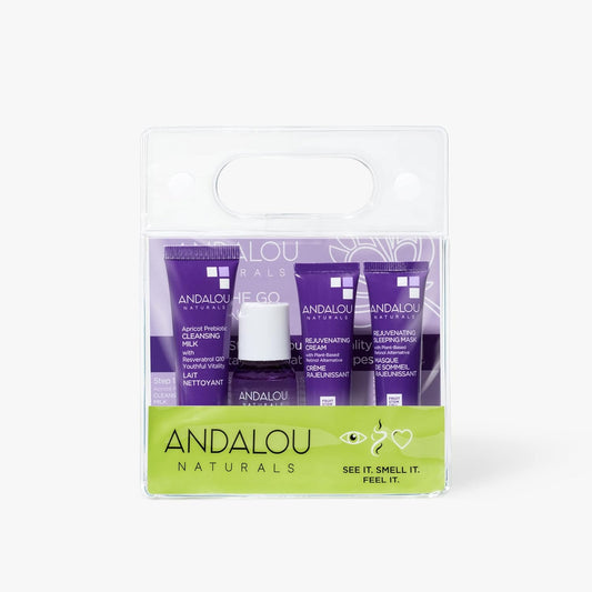 Andalou Naturals, On The Go Essentials - The AGE DEFYING Routine, Travel Friendly, TSA- Approved, Reusable Bag (4 Pcs)