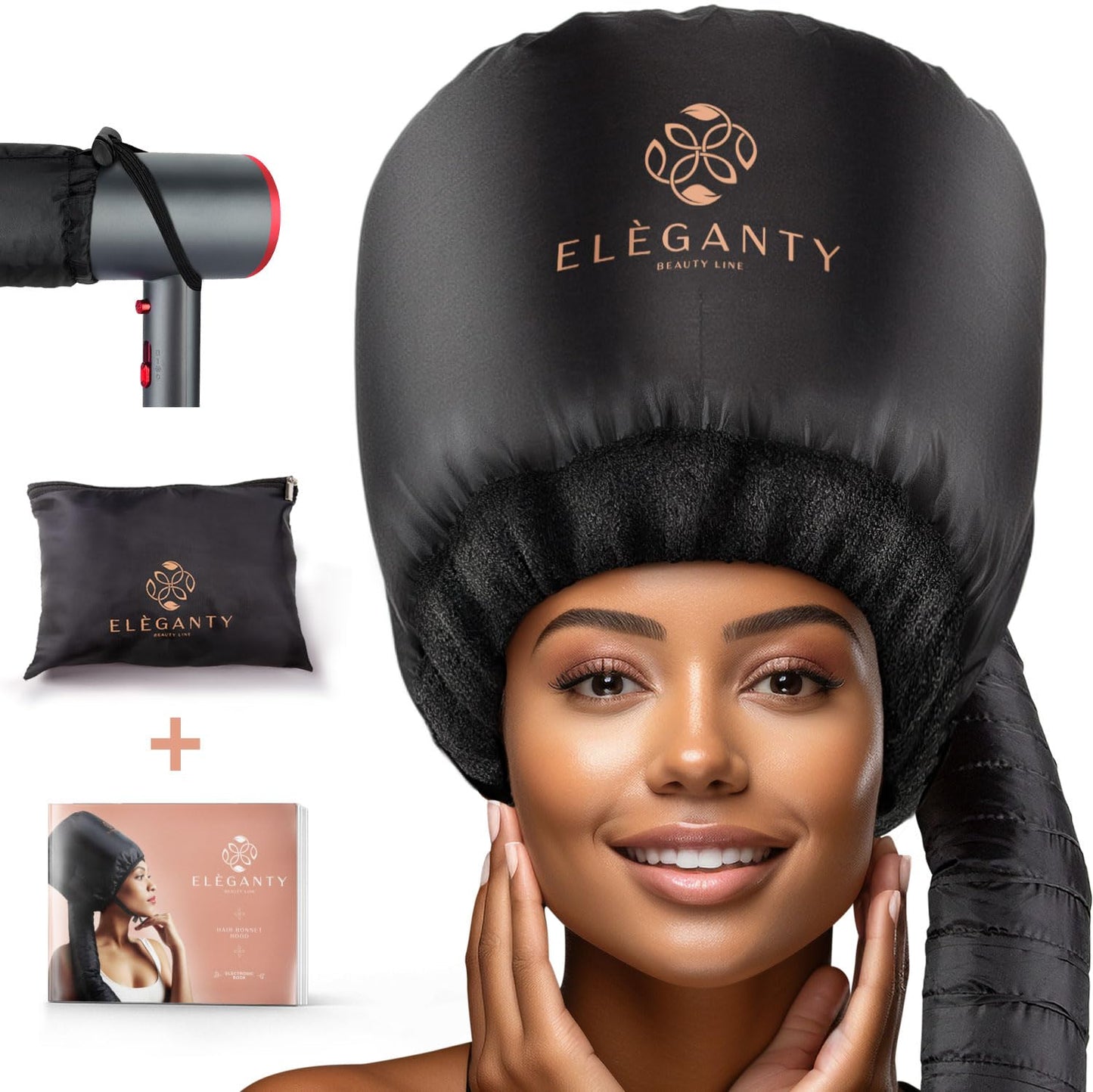 Eleganty Bonnet Hairdryer Attachment with Integrated Elastic Headband That Reduces Heat Around Ears & Neck - Hooded Hair Dryer Diffuser Cap, Used for Deep Conditioning and Hair drying (shiny black)