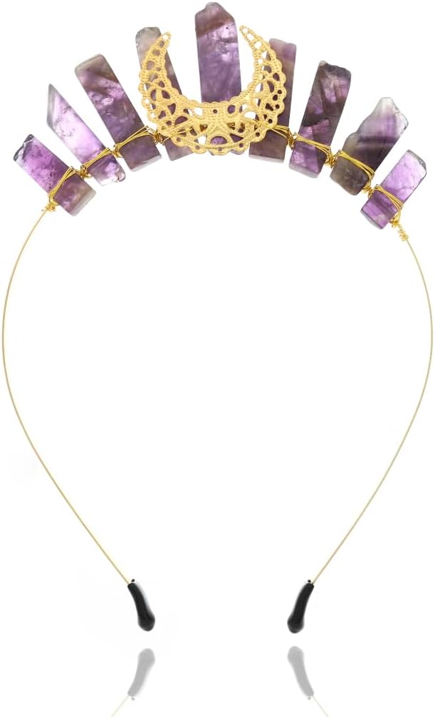 Formery Moon Amethyst Quartz Crown Headband Gold Purple Raw Crystal Aura Tiara Headpiece Halloween Cosplay Festival Handmade Natural Stones Witch Fairy Elf Hair Accessories for Women and Girls