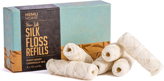 Biodegradable Silk Dental Floss Refill - Six Pack - Organic Natural Dental Floss, Refillable, Compostable Peace Silk Dental Floss Refills - 6 x 33 Yards - Eco-Friendly Mint Candelilla Wax