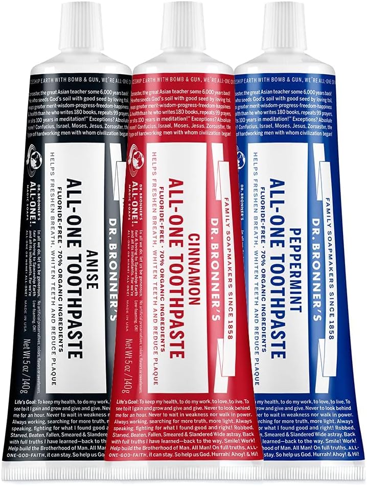 Dr. Bronner's All-One Toothpaste Variety 3-Pack - Peppermint, Cinnamon, Anise - 70% Organic, Fluoride/SLS-Free
