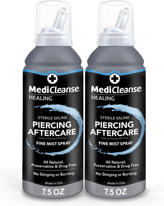 MediCleanse Sterile Saline Piercing Fine Mist Spray 7.5 Ounce, Pack of 2, All Natural, No Alcohol, Vegan Friendly, for Piercings and Tattoos - Made in USA