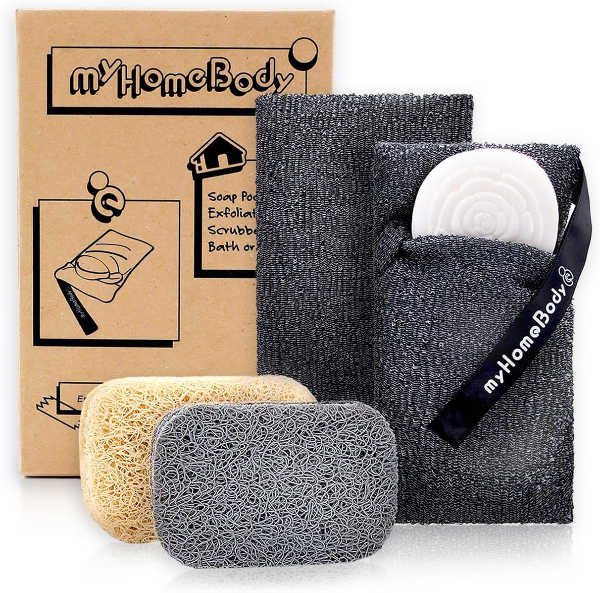 myHomeBody Soap Pocket Exfoliating Soap Saver Pouch | Body Scrubber Sponge, Exfoliator for Bath or Shower | for Large Bar Soap or Leftover Bits | Graphite Gray, 2 Pack + 2 Soap Lifting Pads