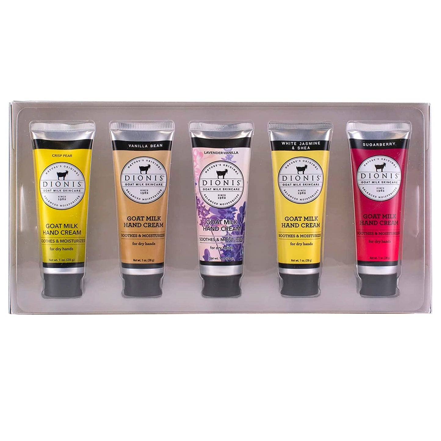 Dionis Goat Milk Skincare Inspire Holiday Hand Cream Gift Set - Pear, Vanilla, Lavender, White Jasmine & Shea, & Sugarberry Scented Mini Hand Lotions, Travel Size Self Care Gifts for Women, 1oz 5 Pack