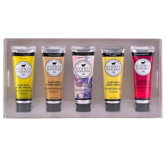 Dionis Goat Milk Skincare Inspire Holiday Hand Cream Gift Set - Pear, Vanilla, Lavender, White Jasmine & Shea, & Sugarberry Scented Mini Hand Lotions, Travel Size Self Care Gifts for Women, 1oz 5 Pack