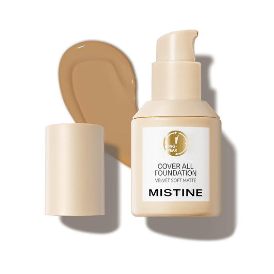 MISTINE Liquid Foundation Makeup Full Coverage Foundation for Oily Skin,24 Hour Oil Control Makeup Foundation,Skin-Caring,Moisturizing Formula,Waterproof Foundation,Matte Finish,Satin,1 Fl Oz