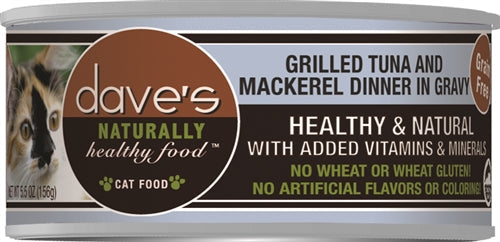 Dave's Naturally Healthy Cat Food, Tuna and Mackerel Dinner In Gravy 5.5oz. (Case Of 24)
