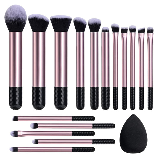 BS-MALL Makeup Brushes 16 Pcs Purple Short Handle Travel Makeup Brus Set with 1 Triangle Puff and Makeup Sponge