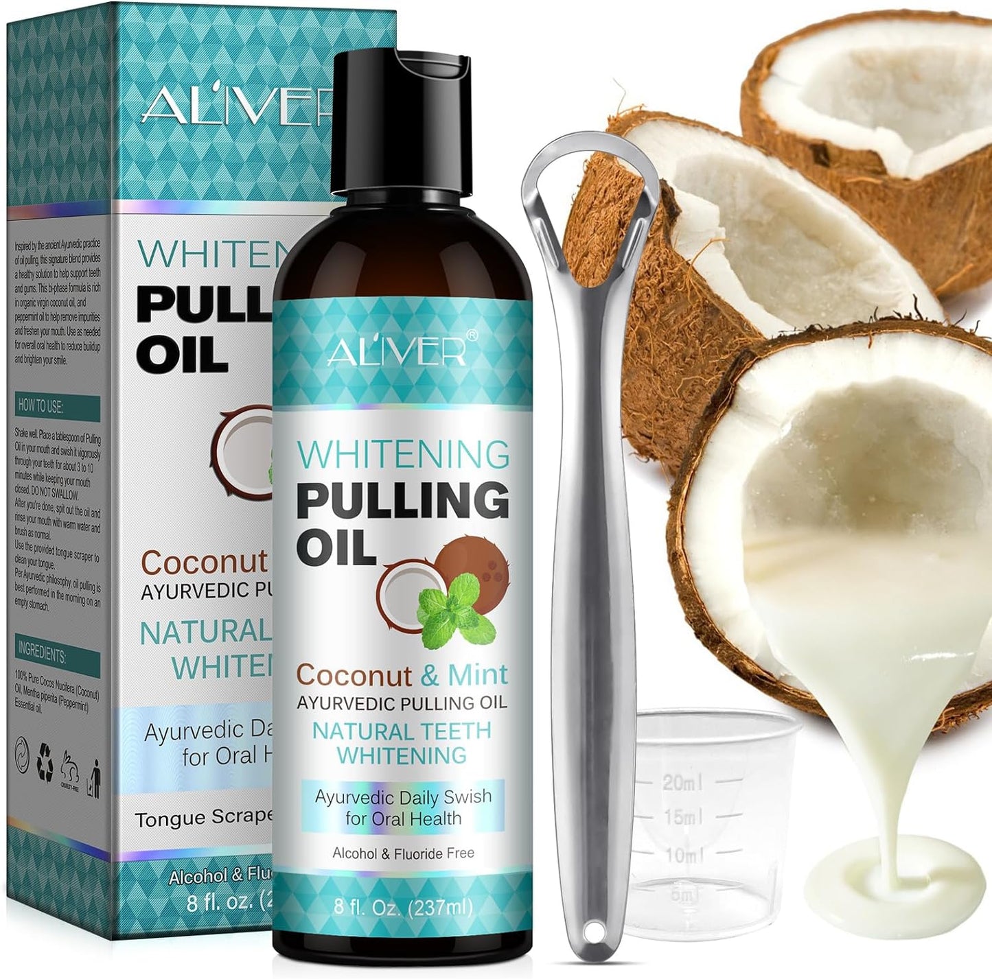 Coconut Oil Pulling for Teeth Whitening, Natural Coconut & Peppermint Oil Mouthwash with Tongue Scraper and Measuring Cup, Alcohol-Free, Supports Healthy Gums, Oral Cleaning, Freshen Breath, 8 Fl.Oz