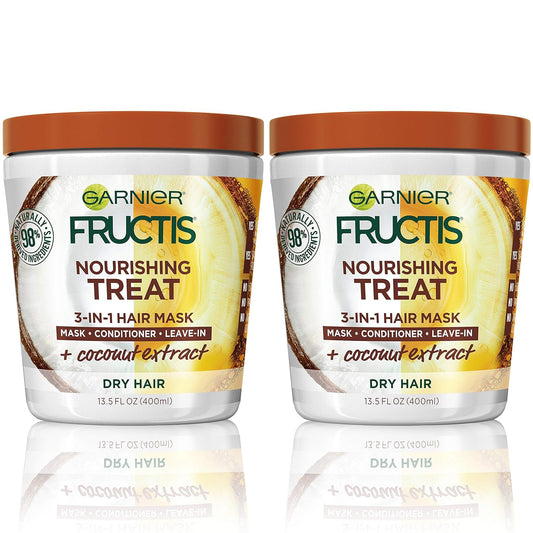 Garnier Fructis Nourishing Treat 3-in-1 Hair Mask (Mask + Conditioner + Leave-In) with Coconut for Dry Hair, 13.5 Fl Oz, 2 Count (Packaging May Vary)